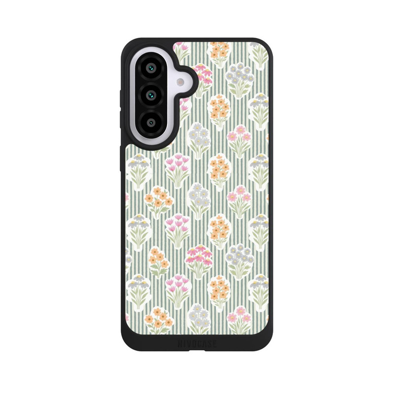 Galaxy A57 5G NIVOpure Ditsy Flower Sticker Bouquets on Blue and Cream Pinstripes