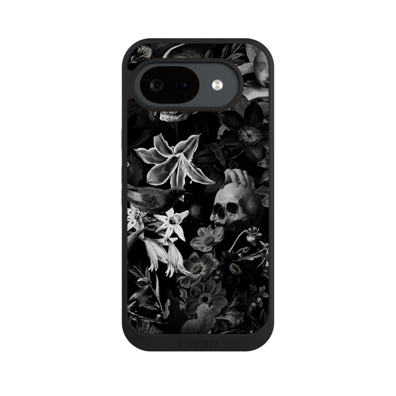 Pixel 10 a NIVOpure Totenköpfe und Blumen auf schwarzem Hintergrund