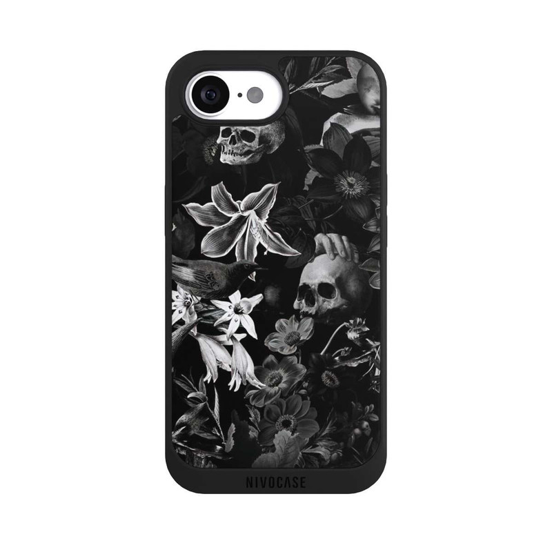 17 e NIVOpure Totenköpfe und Blumen auf schwarzem Hintergrund