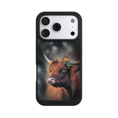 Apple iPhone 18 Pro NIVOpure Vache des Highlands avec des fleurs avec IA