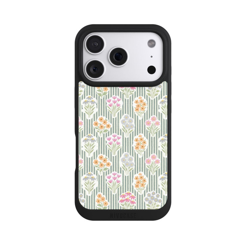 iPhone 18 Pro NIVOpure Ditsy Flower Sticker Bouquets on Blue and Cream Pinstripes