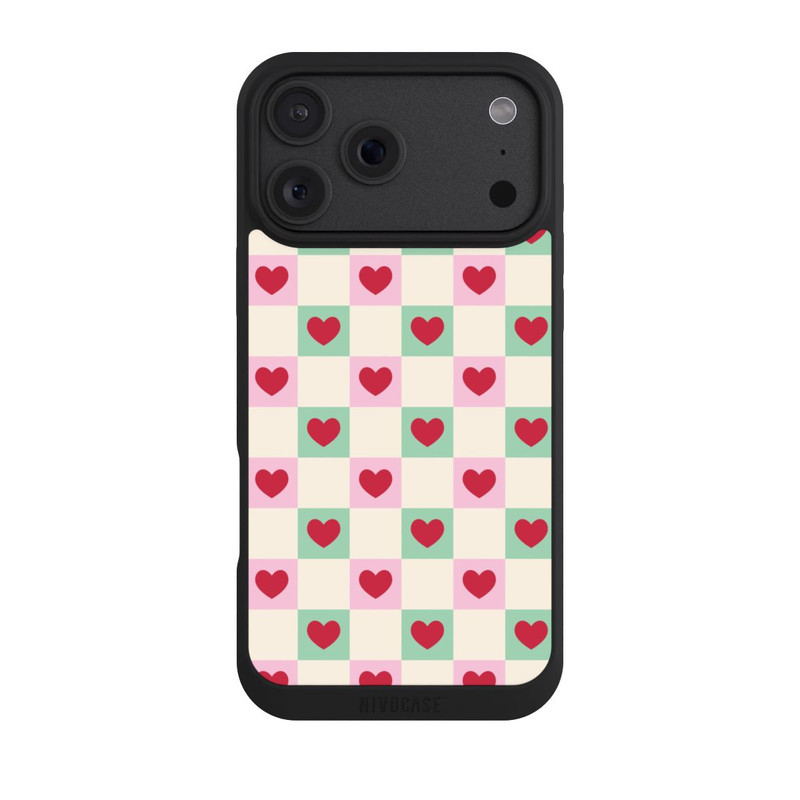 iPhone 18 Pro Max NIVOpure Cœurs à Carreaux Rose et Vert Saint-Valentin