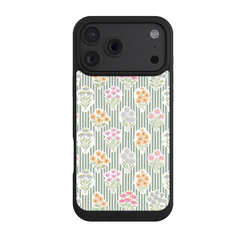 iPhone 18 Pro Max NIVOpure Ditsy Flower Sticker Bouquets on Blue and Cream Pinstripes