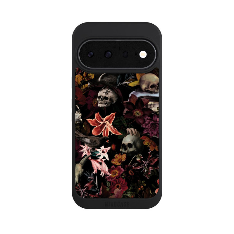 Pixel 11 NIVOpure Totenköpfe und Blumen auf dunklem Hintergrund