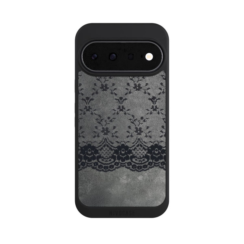 Pixel 11 NIVOpure Schwarzes Spitzenmuster auf grauem Hintergrund