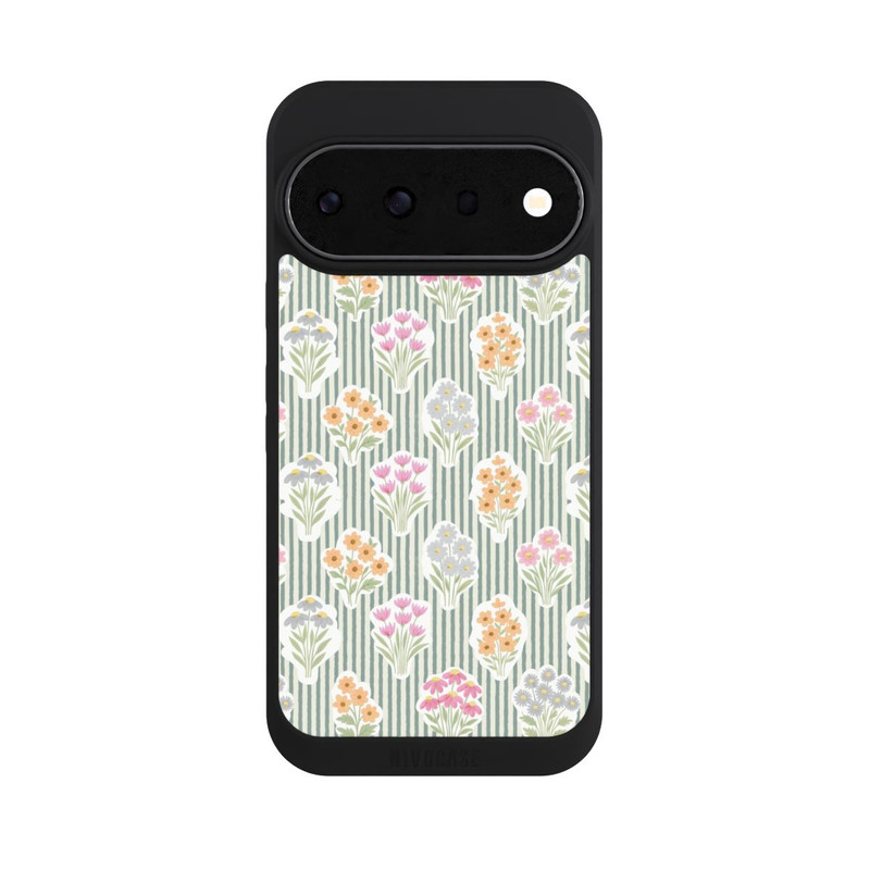 Pixel 11 Pro NIVOpure Ditsy Flower Sticker Bouquets on Blue and Cream Pinstripes