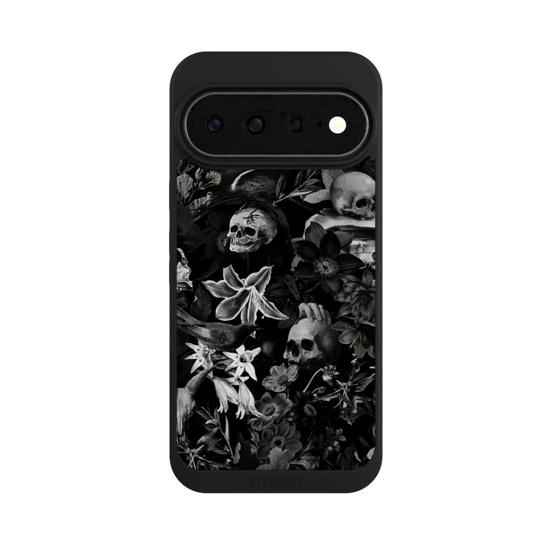 Pixel 11 Pro XL NIVOpure Totenköpfe und Blumen auf schwarzem Hintergrund