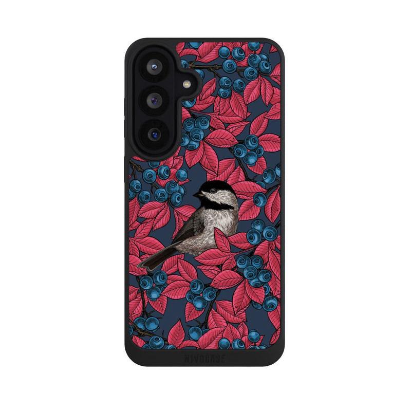 Galaxy S26 FE NIVOpure Blaubeeren und Vögel auf Navy