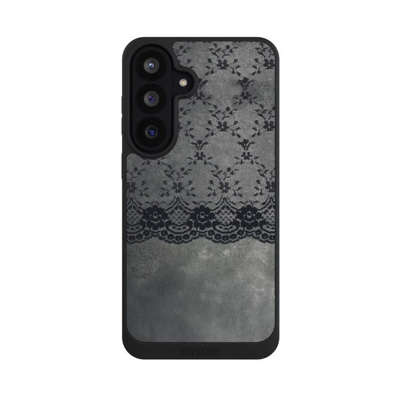 Galaxy S26 FE NIVOpure Schwarzes Spitzenmuster auf grauem Hintergrund