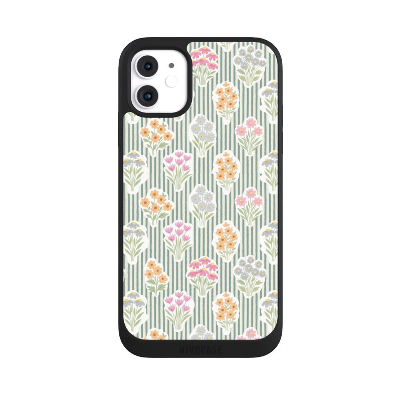 iPhone 11 NIVOpure Ditsy Flower Sticker Bouquets on Blue and Cream Pinstripes
