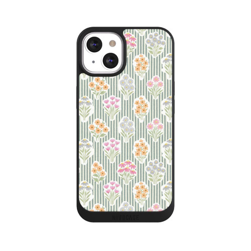Apple iPhone 13 NIVOpure Ditsy Flower Sticker Bouquets on Blue and Cream Pinstripes