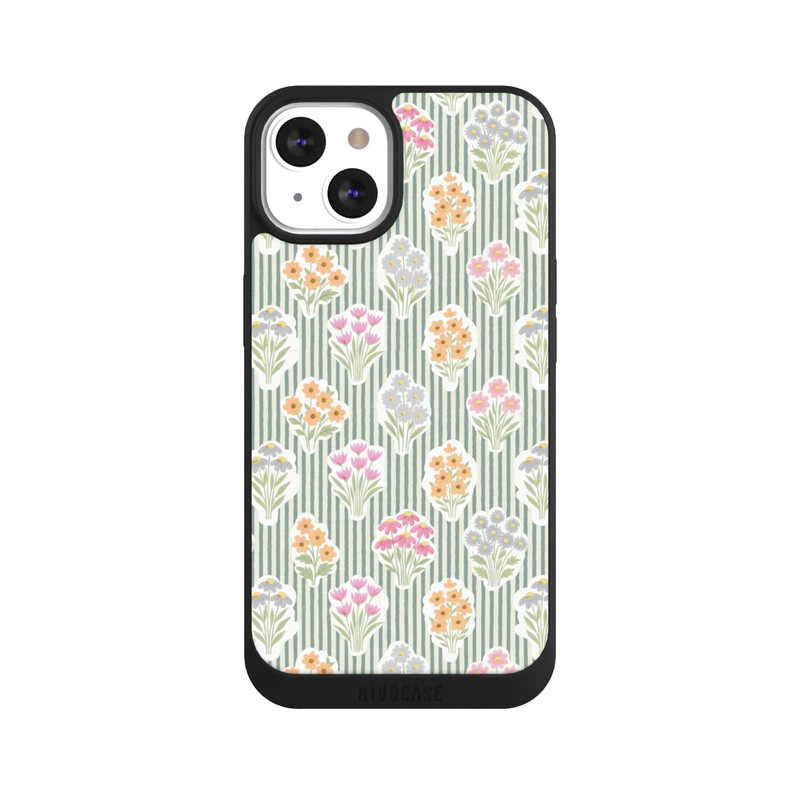 iPhone 13 NIVOpure Ditsy Flower Sticker Bouquets on Blue and Cream Pinstripes