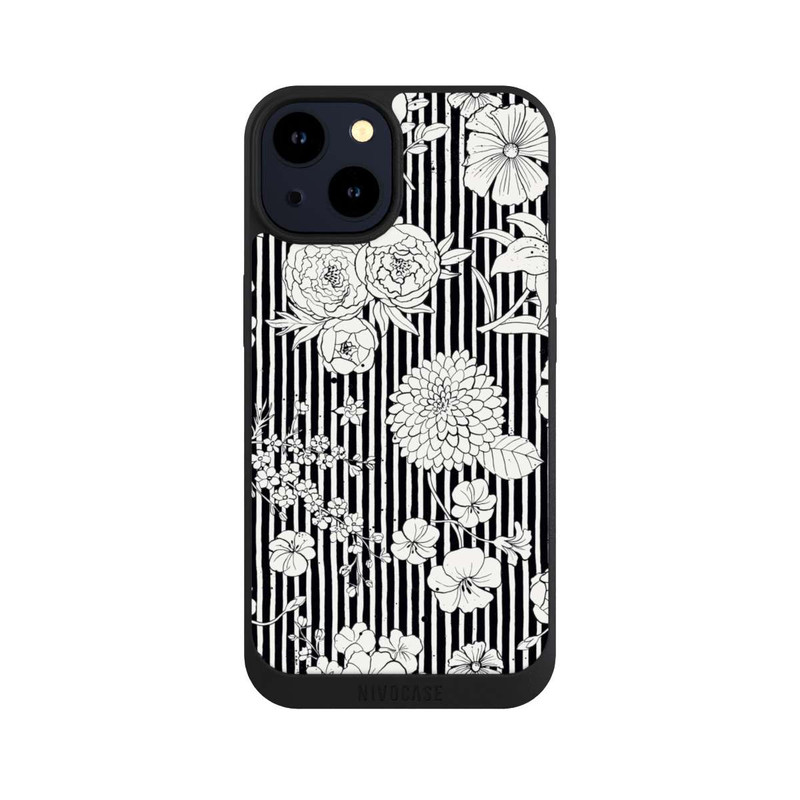 iPhone 14 NIVOpure Fleurs et rayures noir et blanc