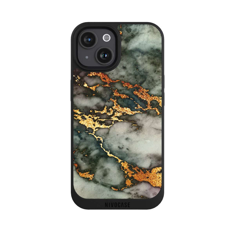 iPhone 15 NIVOpure Grauer und goldener Marmor Look