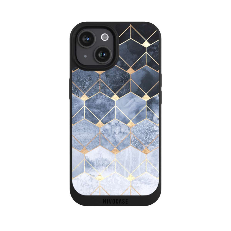 iPhone 15 NIVOpure Blaue Sechsecke und Diamanten Golddruck