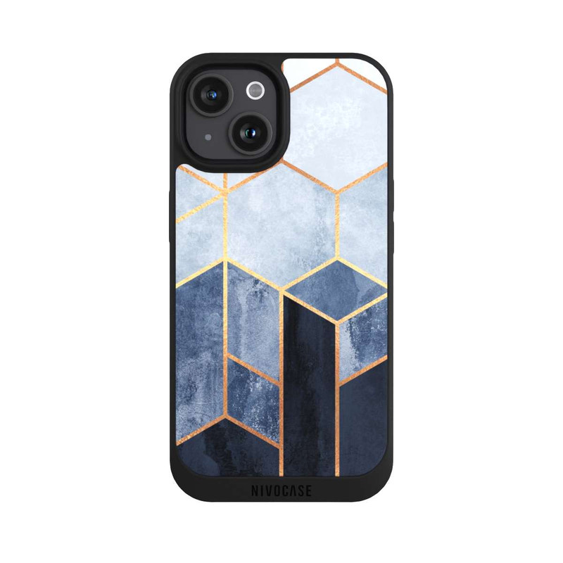 iPhone 15 NIVOpure Blauer Farbverlauf Sechsecke Golddruck