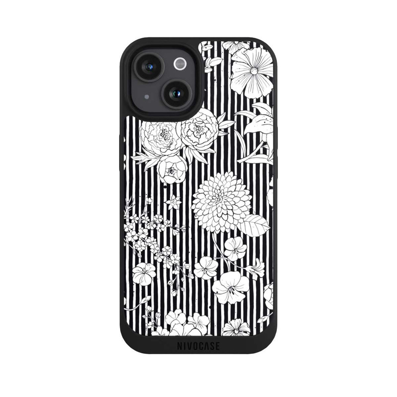 iPhone 15 NIVOpure Blumen und Streifen Schwarz und Weiß