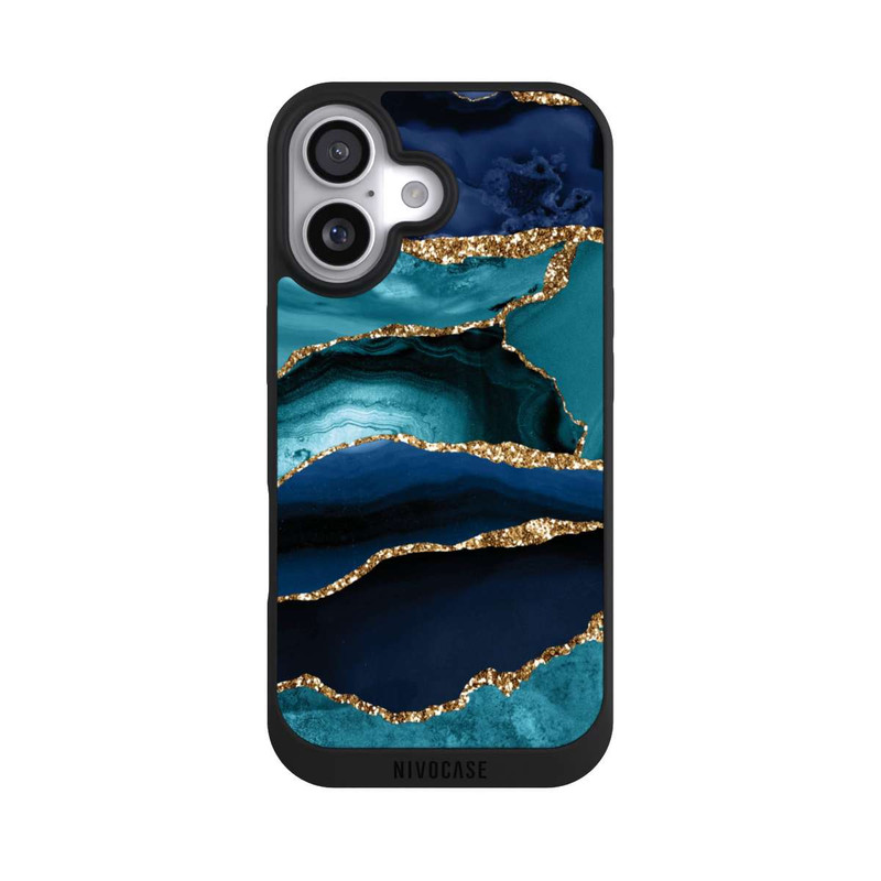 iPhone 17 NIVOpure Aspect pailleté doré marbré bleu foncé et bleu clair
