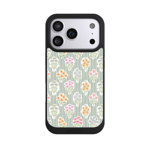 Apple iPhone 17 Pro NIVOpure Ditsy Flower Sticker Bouquets on Blue and Cream Pinstripes