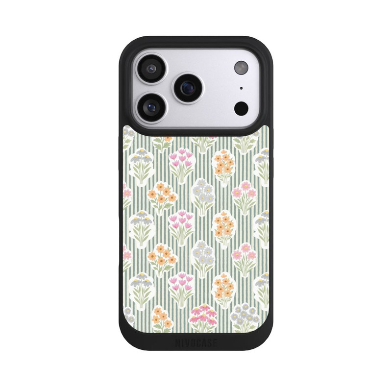 iPhone 17 Pro NIVOpure Ditsy Flower Sticker Bouquets on Blue and Cream Pinstripes
