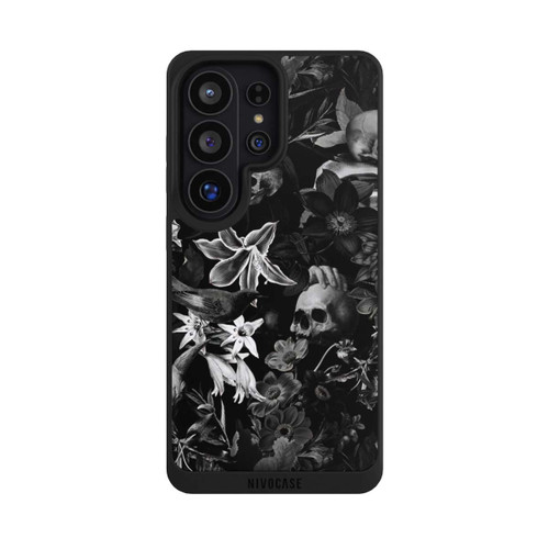Samsung Galaxy S26 Ultra NIVOpure Totenköpfe und Blumen auf schwarzem Hintergrund