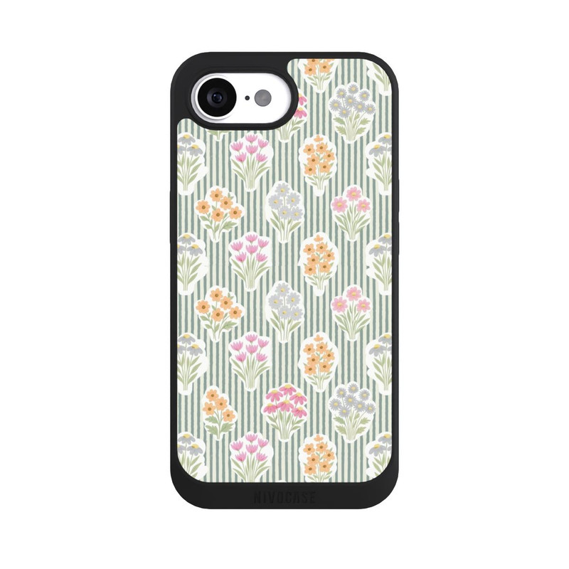iPhone 17e NIVOpure Ditsy Flower Sticker Bouquets on Blue and Cream Pinstripes