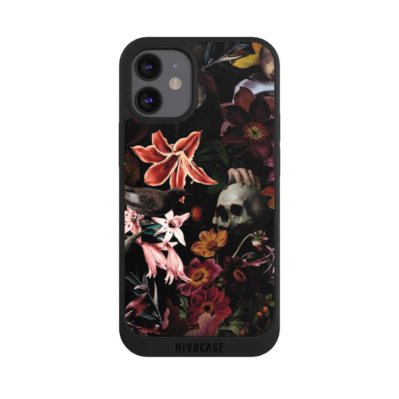 iPhone 12 mini NIVOpure Totenköpfe und Blumen auf dunklem Hintergrund