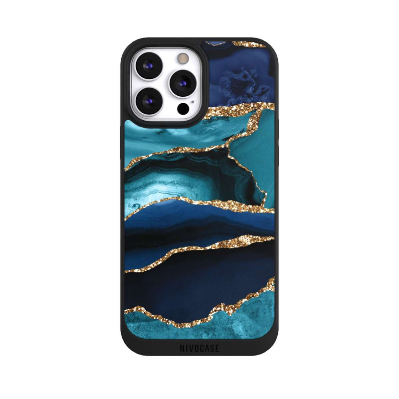 iPhone 13 Pro Max NIVOpure Aspect pailleté doré marbré bleu foncé et bleu clair