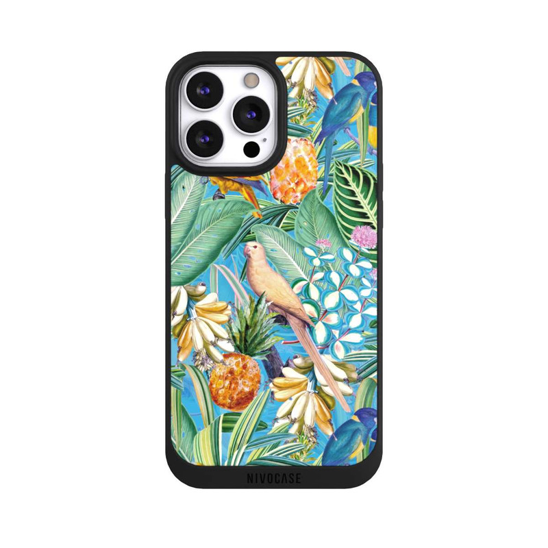 iPhone 13 Pro Max NIVOpure Perroquets tropicaux sur papier peint bleu