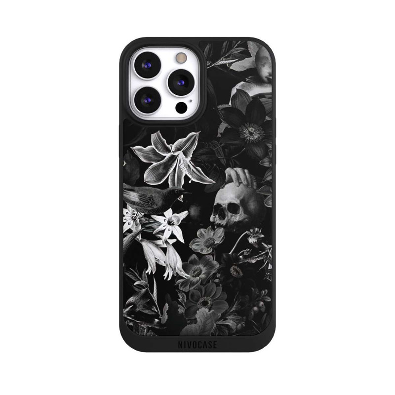 iPhone 13 Pro Max NIVOpure Totenköpfe und Blumen auf schwarzem Hintergrund