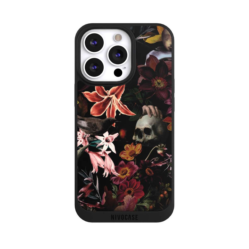 iPhone 13 Pro NIVOpure Totenköpfe und Blumen auf dunklem Hintergrund
