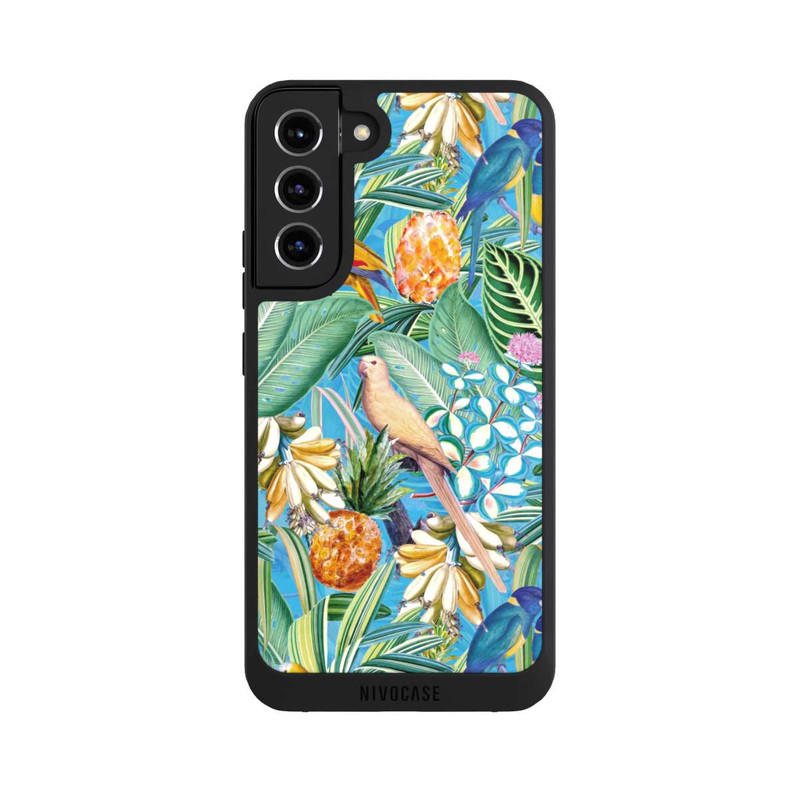 Galaxy S22 + NIVOpure Tropical Parrots on Blue Wallpaper