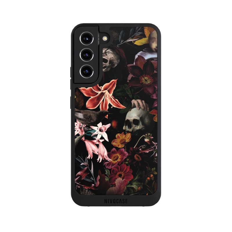 Galaxy S22 + NIVOpure Totenköpfe und Blumen auf dunklem Hintergrund