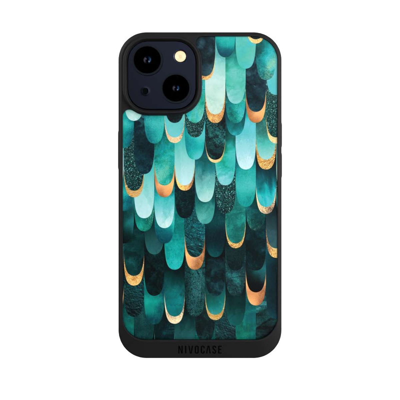 iPhone 14 NIVOpure Imprimé or turquoise à plumes