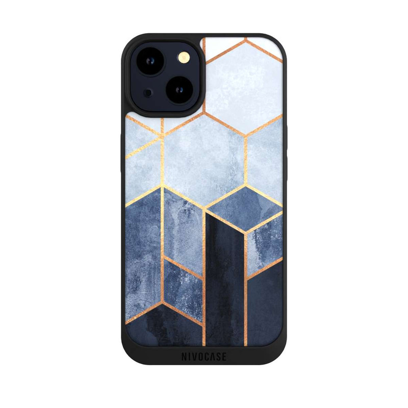 iPhone 14 NIVOpure Blauer Farbverlauf Sechsecke Golddruck