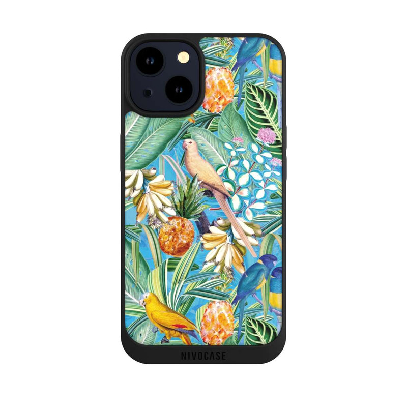 iPhone 14 NIVOpure Perroquets tropicaux sur papier peint bleu