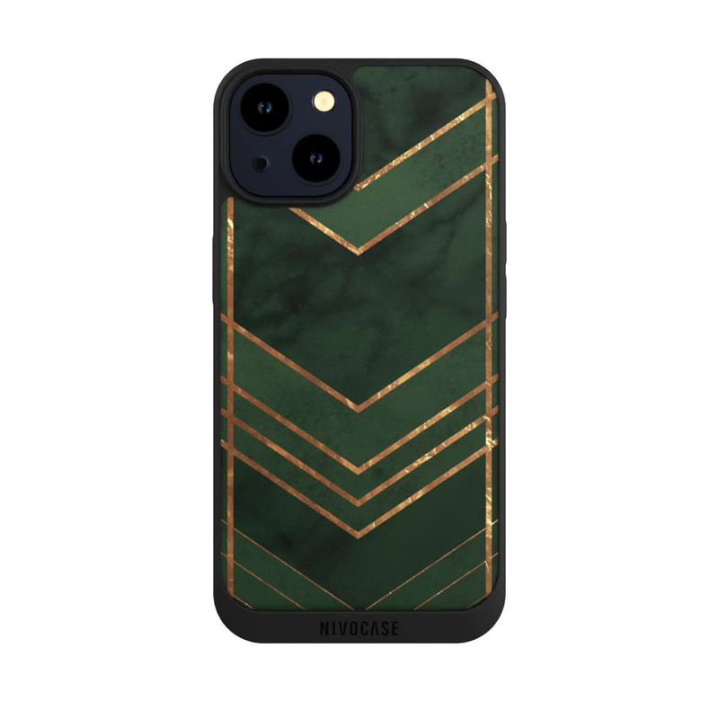 iPhone 14 NIVOpure Motif vert foncé rayures dorées