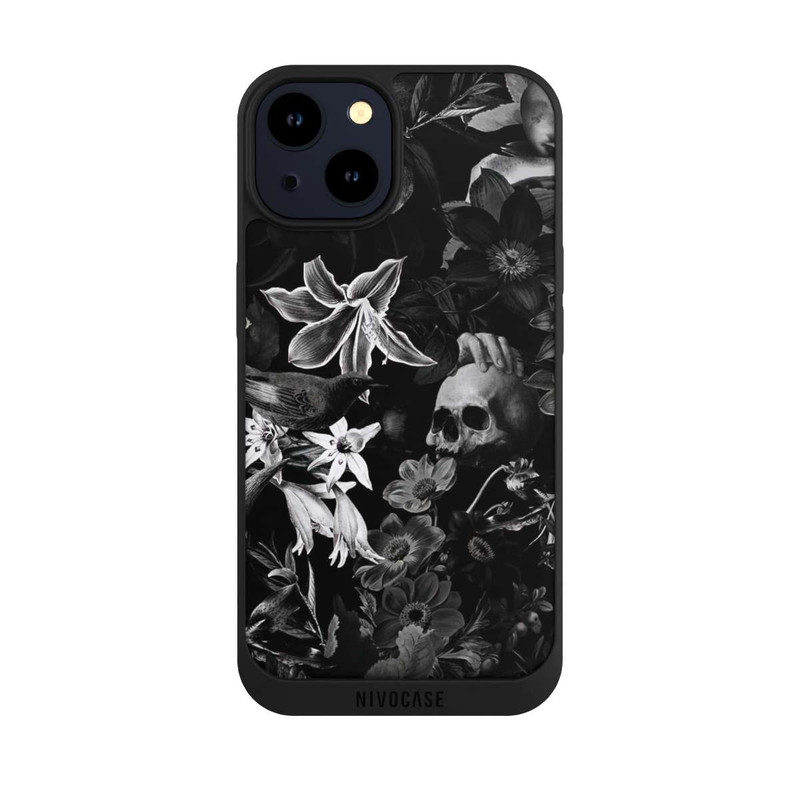 iPhone 14 NIVOpure Totenköpfe und Blumen auf schwarzem Hintergrund