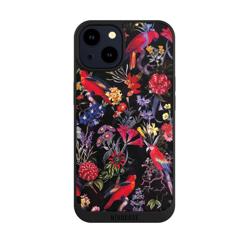 iPhone 14 NIVOpure Dunkle Blumen und Papageien