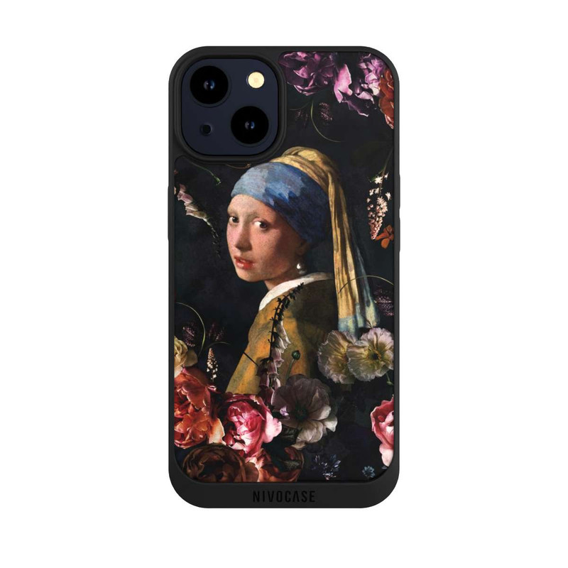 iPhone 14 NIVOpure Mädchen mit Perlenohrringen und Rosen