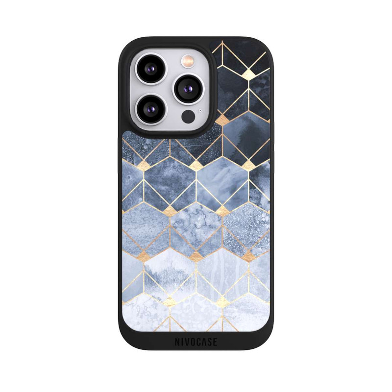 iPhone 14 Pro NIVOpure Blaue Sechsecke und Diamanten Golddruck