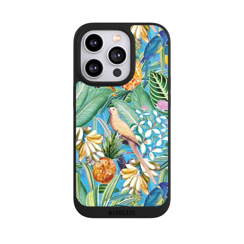 iPhone 14 Pro NIVOpure Tropische Papageien auf blauer Tapete