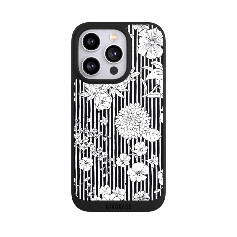iPhone 14 Pro NIVOpure Blumen und Streifen Schwarz und Weiß