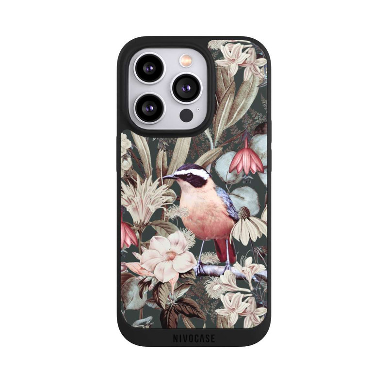 iPhone 14 Pro NIVOpure Oiseau orange à motif de fleurs vintage