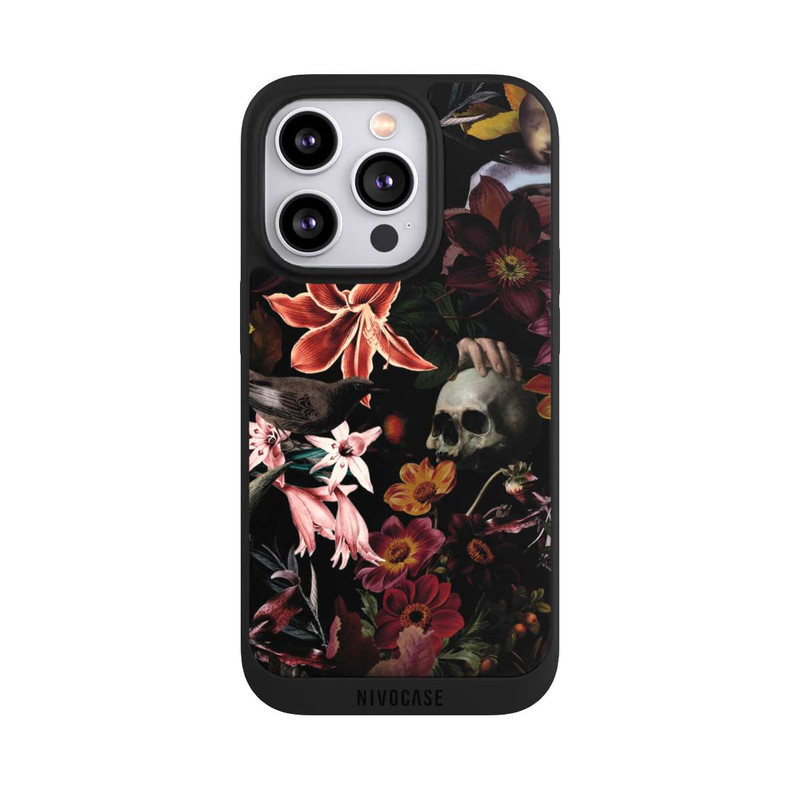iPhone 14 Pro NIVOpure Totenköpfe und Blumen auf dunklem Hintergrund