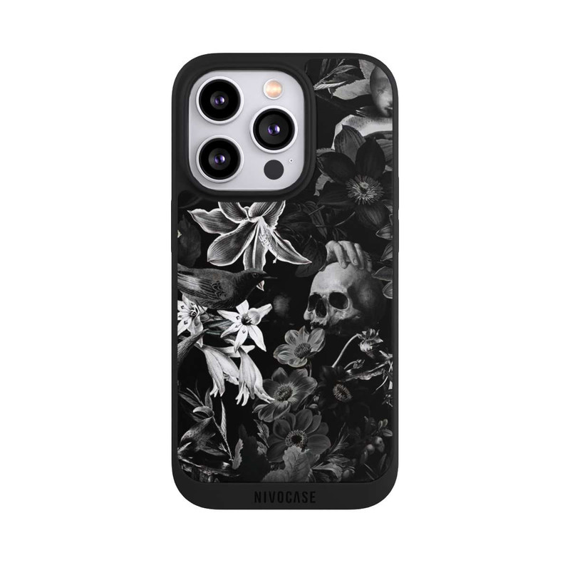 iPhone 14 Pro NIVOpure Totenköpfe und Blumen auf schwarzem Hintergrund