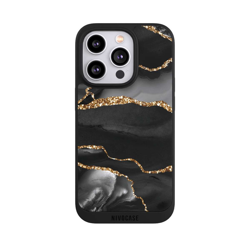 iPhone 14 Pro NIVOpure Dunkle Marmorstreifen im Goldlook