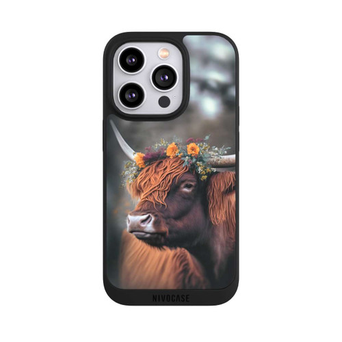 Apple iPhone 14 Pro NIVOpure Vache des Highlands avec des fleurs avec IA