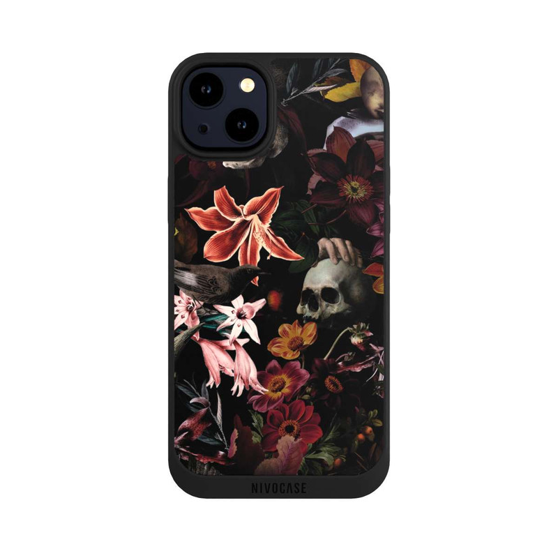 iPhone 14 Plus NIVOpure Totenköpfe und Blumen auf dunklem Hintergrund