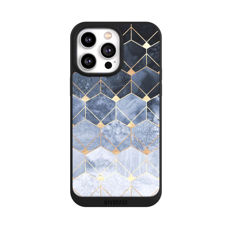 iPhone 14 Pro Max NIVOpure Blue Hexagons And Diamonds Gold Print